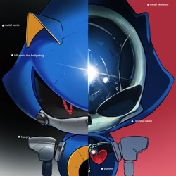 Size: 2048x2048 | Tagged: safe, artist:0ni91ri, metal sonic, 2025, english text, gradient background, heart, looking at viewer, robot, solo, two sides