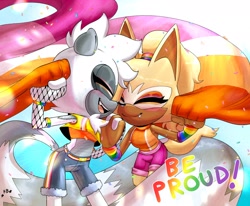 Size: 2048x1687 | Tagged: safe, artist:buddyhyped, tangle the lemur, whisper the wolf, lemur, wolf, 2025, confetti, cute, duo, english text, eyes closed, female, fishnets, lesbian, lesbian pride, pride, shipping, smile, standing, tangle x whisper
