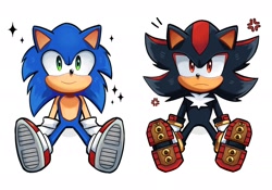 Size: 2048x1435 | Tagged: safe, artist:twixei0, shadow the hedgehog, sonic the hedgehog, 2025, cross popping vein, cute, duo, frown, looking up, simple background, sitting, smile, sparkles, white background
