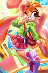 Size: 827x1242 | Tagged: safe, artist:kyurochurro, cream the rabbit, rabbit, bag, brown eyes, cosplay, cream fur, female, hoodie, kagamine rin, shoes, skirt, solo, vocaloid