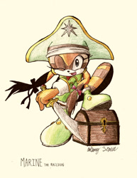 Size: 800x1035 | Tagged: safe, artist:nextgrandcross, marine the raccoon, raccoon, blue eyes, boots, coat, cosplay, female, hat, orange fur, patty fleur, pirate outfit, tales of vesperia