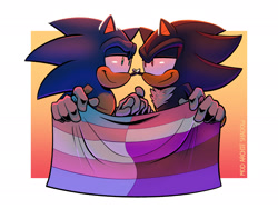 Size: 2048x1536 | Tagged: safe, artist:sonicpridecorner, shadow the hedgehog, sonic the hedgehog, 2025, abstract background, duo, flag, gay, genderfluid, genderfluid pride, holding hands, holding something, looking at each other, pride, pride flag, shadow x sonic, shipping, signature, smile, t4t, top surgery scars, trans boy sonic, trans male, trans pride, transgender