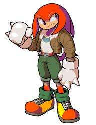 Size: 650x850 | Tagged: safe, artist:discommunicator, knuckles the echidna, aviator jacket, belt, clenched fists, clothes, frown, jacket, looking offscreen, one fang, shorts, simple background, solo, standing, white background