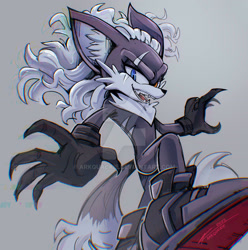 Size: 1920x1935 | Tagged: safe, artist:arkquackie, infinite the jackal, 2025, arms out, deviantart watermark, fangs, from below, grey background, heterochromia, looking at viewer, looking down, looking down at viewer, mouth open, neck fluff, obtrusive watermark, open smile, simple background, smile, solo, watermark
