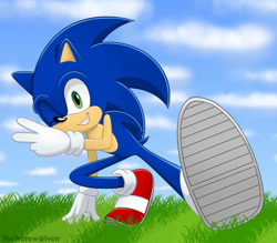 Size: 956x836 | Tagged: safe, artist:thewerewolven, sonic the hedgehog, hedgehog, backwards v sign, blue fur, gloves, grass, green eyes, male, shoes, socks, solo, v sign, wink