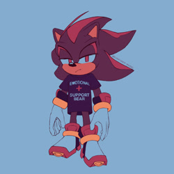 Size: 2048x2048 | Tagged: safe, artist:confused-bagel, shadow the hedgehog, 2025, blue background, frown, lidded eyes, looking at viewer, shirt, simple background, solo, standing, words on a shirt