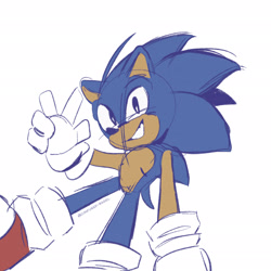 Size: 2048x2048 | Tagged: safe, artist:confused-bagel, sonic the hedgehog, 2025, looking at viewer, signature, simple background, sketch, smile, solo, top surgery scars, trans male, transgender, transmasculine, v sign, white background
