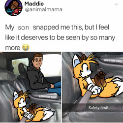 Size: 640x640 | Tagged: safe, artist:confused-bagel, maddie wachowski, miles "tails" prower, tom wachowski, human, 2023, car, duo, english text, paws, seatbelt, twitter