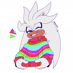Size: 2048x2048 | Tagged: safe, artist:confused-bagel, silver the hedgehog, 2023, clothes, eyes closed, eyestrain, signature, simple background, smile, solo, sweater, white background