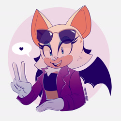 Size: 1867x1867 | Tagged: safe, artist:confused-bagel, rouge the bat, the murder of sonic the hedgehog, 2023, abstract background, blazer, clothes, crop top, heart, looking at viewer, mouth open, open smile, signature, smile, solo, sunglasses, v sign