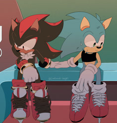 Size: 1930x2048 | Tagged: safe, artist:confused-bagel, shadow the hedgehog, sonic the hedgehog, 2023, abstract background, bench, binder, duo, gay, holding hands, looking away, mario and sonic at the 2020 olympic games, redraw, shadow x sonic, shipping, signature, sitting, sweatdrop, trans male, transgender, transmasculine