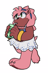 Size: 1224x1903 | Tagged: safe, artist:amyrosedaily, amy rose, 2025, barefoot, chubby, claws, drink, drinking, flat colors, gloves off, holding something, juice box, looking offscreen, looking up, paws, shoes off, simple background, socks off, solo, swimsuit, walking, white background