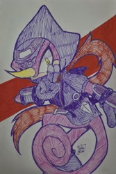 Size: 1365x2048 | Tagged: safe, artist:faburin, espio the chameleon, 2025, abstract background, kunai knife, looking at viewer, ninja outfit, posing, scarf, signature, solo, traditional media