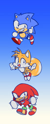 Size: 296x727 | Tagged: safe, artist:ozmodai, knuckles the echidna, miles "tails" prower, sonic the hedgehog, sonic heroes, 2025, gradient background, looking at viewer, smile, team sonic, trio