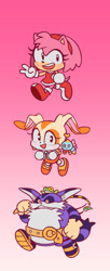 Size: 296x727 | Tagged: safe, artist:ozmodai, amy rose, big the cat, cheese (chao), cream the rabbit, froggy, chao, sonic heroes, 2025, cute, fishing pole, gradient background, group, neutral chao, team rose