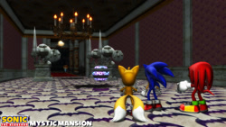 Size: 1920x1080 | Tagged: safe, artist:sab64, egg pawn, knuckles the echidna, miles "tails" prower, sonic the hedgehog, sonic heroes, 2019, 3d, abstract background, chandelier, gravity switch, mystic mansion, standing, statue, team sonic, trio