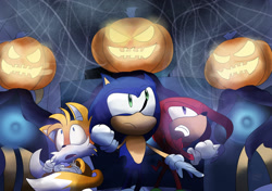 Size: 1280x903 | Tagged: safe, artist:sofibeth-arts, knuckles the echidna, miles "tails" prower, sonic the hedgehog, sonic heroes, 2021, abstract background, clenched teeth, cobwebs, frown, looking offscreen, mouth open, mystic mansion, pumpkin ghost, team sonic, trio