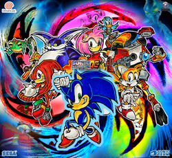 Size: 3172x2922 | Tagged: safe, artist:wilduda, amy rose, big the cat, chaos, e-102 gamma, flicky, froggy, knuckles the echidna, miles "tails" prower, robotnik, sonic the hedgehog, human, sonic adventure, 2023, abstract background, fishing pole, group, lily, outline, robot, sonic adventure dx