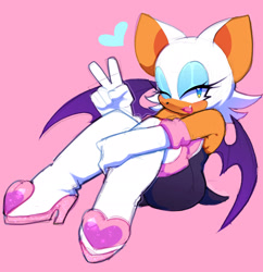 Size: 2000x2064 | Tagged: safe, artist:yinmeowjii, rouge the bat, bat, female, heart, looking at viewer, pink background, simple background, sitting, smile, solo, v sign, wink