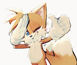Size: 2048x1727 | Tagged: safe, artist:bloodshot121, miles "tails" prower, fox, looking at viewer, male, simple background, smile, solo, thumbs up, white background, wink