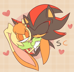 Size: 2037x2000 | Tagged: safe, artist:luckyclau, cream the rabbit, shadow the hedgehog, 2019, abstract background, age difference, aged up, cute, duo, eyes closed, flat colors, heart, holding each other, hugging, older, scarf, shadream, sharing a scarf, shipping, smile, straight
