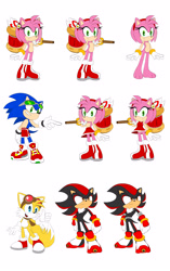 Size: 2400x3812 | Tagged: safe, artist:cartoonicus, amy rose, miles "tails" prower, shadow the hedgehog, sonic the hedgehog, fox, hedgehog, clothes, cute, flat colors, piko piko hammer, redesign, simple background, standing, white background