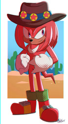 Size: 1109x2000 | Tagged: safe, artist:bluetakrush, knuckles the echidna, 2025, abstract background, knuckles' hat, looking offscreen, signature, smile, solo, standing