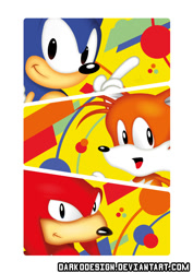 Size: 566x800 | Tagged: safe, artist:darkodesign, knuckles the echidna, miles "tails" prower, sonic the hedgehog, sonic mania, 2017, abstract background, classic knuckles, classic sonic, classic tails, looking at viewer, pointing, poster, smile, team sonic, trio