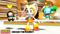Size: 1192x670 | Tagged: safe, artist:sab64, cheese (chao), chocola (chao), cream the rabbit, chao, 3d, neutral chao, sweet mountain, trio