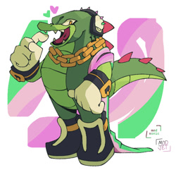 Size: 770x742 | Tagged: safe, artist:sonicpridecorner, vector the crocodile, 2025, heart, looking at viewer, pride, pride flag, signature, smile, solo, standing, trans female, transfem pride, transfeminine, transgender