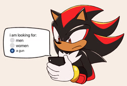 Size: 1424x963 | Tagged: safe, artist:ldhedgehog, shadow the hedgehog, 2025, aromantic, frown, holding something, looking at something, phone, simple background, smartphone, solo, white background