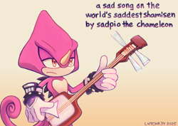 Size: 826x584 | Tagged: safe, artist:l4tchk3y, espio the chameleon, 2025, english text, frown, gradient background, holding something, lidded eyes, looking offscreen, meme, shamisen, signature, solo, standing