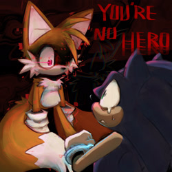 Size: 2048x2048 | Tagged: safe, artist:0vergrowngraveyard, miles "tails" prower, sonic the hedgehog, sonic forces, 2025, abstract background, crying, dialogue, duo, english text, hallucination, illusion, looking at each other, tears