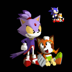 Size: 540x540 | Tagged: safe, artist:rocketrrush, blaze the cat, marine the raccoon, sonic r, 2025, black background, duo, faux 3d, headpats, low poly, petting, redraw, reference inset, simple background, sitting, smile, standing, yellow sclera