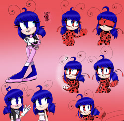 Size: 2045x2008 | Tagged: safe, artist:broadwaybash123, 2021, barely sonic related, blushing, crossover, duo, gradient background, kwami, ladybug, ladybug (miraculous), marinette dupain-cheng (miraculous), miraculous: tales of ladybug & cat noir, mobianified, smile, solo focus, tikki (miraculous)