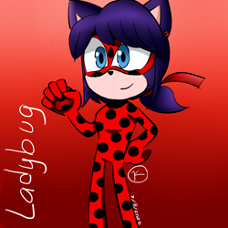 Size: 800x800 | Tagged: safe, artist:karenspeeddraw, hedgehog, 2020, barely sonic related, character name, crossover, gradient background, ladybug (miraculous), looking offscreen, marinette dupain-cheng (miraculous), miraculous: tales of ladybug & cat noir, mobianified, signature, smile, solo, standing