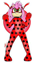 Size: 600x1054 | Tagged: safe, artist:ch1b1k0, amy rose, 2021, clenched fists, crossover, ladybug (miraculous), miraculous: tales of ladybug & cat noir, outline, signature, smile, solo, standing