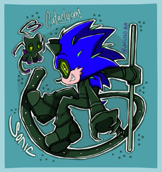 Size: 695x740 | Tagged: safe, artist:ch1b1k0, sonic the hedgehog, 2022, blue background, border, cat noir (miraculous), character name, crossover, duo, green sclera, holding something, looking at viewer, miraculous: tales of ladybug & cat noir, outline, plagg (miraculous), signature, simple background, smile
