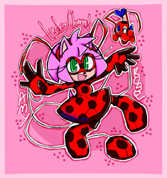 Size: 695x740 | Tagged: safe, artist:ch1b1k0, amy rose, 2022, abstract background, border, character name, crossover, cute, duo, ladybug (miraculous), looking at viewer, miraculous: tales of ladybug & cat noir, outline, smile, tikki (miraculous), yo-yo