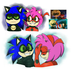 Size: 400x383 | Tagged: safe, artist:ch1b1k0, amy rose, sonic the hedgehog, 2021, bust, cat noir (miraculous), clenched teeth, crossover, deviantart watermark, duo, facepalm, frown, gradient background, green sclera, ladybug (miraculous), miraculous: tales of ladybug & cat noir, obtrusive watermark, redraw, reference inset, smile, watermark