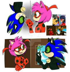 Size: 400x410 | Tagged: safe, artist:ch1b1k0, amy rose, sonic the hedgehog, 2021, abstract background, arms folded, cat noir (miraculous), crossover, deviantart watermark, duo, flower, green sclera, looking at each other, miraculous: tales of ladybug & cat noir, obtrusive watermark, offering flower, pout, redraw, reference inset, smile, upside down, watermark