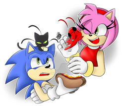 Size: 900x770 | Tagged: safe, artist:ch1b1k0, amy rose, sonic the hedgehog, 2021, cheese, chili dog, crossover, cute, deviantart watermark, food, gradient background, group, hugging, kwami, looking at each other, miraculous: tales of ladybug & cat noir, mouth open, obtrusive watermark, plagg (miraculous), smile, tikki (miraculous), watermark