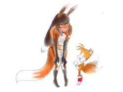 Size: 1024x768 | Tagged: safe, artist:anime1999, miles "tails" prower, human, 2017, crossover, duo, lila rossi (miraculous), looking at each other, miraculous: tales of ladybug & cat noir, simple background, volpina (miraculous), white background