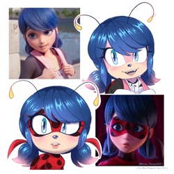 Size: 1280x1280 | Tagged: safe, artist:kanayanga, 2023, barely sonic related, bust, crossover, ladybug, ladybug (miraculous), looking offscreen, marinette dupain-cheng (miraculous), miraculous: tales of ladybug & cat noir, mobianified, redraw, reference inset, simple background, solo, white background