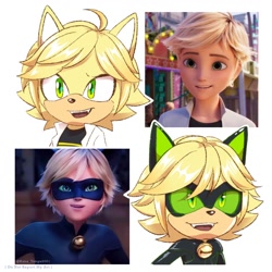 Size: 1280x1280 | Tagged: safe, artist:kanayanga, cat, 2023, adrien agreste (miraculous), barely sonic related, bust, cat noir (miraculous), crossover, fangs, green sclera, looking offscreen, miraculous: tales of ladybug & cat noir, mobianified, mouth open, open smile, redraw, reference inset, simple background, smile, solo, white background