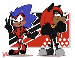Size: 1280x986 | Tagged: safe, artist:spookierdeer, knuckles the echidna, sonic the hedgehog, 2019, abstract background, blushing, cat noir (miraculous), crossover, cute, duo, ladybug (miraculous), looking at viewer, miraculous: tales of ladybug & cat noir, signature, smile, standing, tongue out, v sign, wink