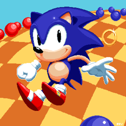 Size: 600x600 | Tagged: safe, artist:rav, sonic the hedgehog, 2022, abstract background, blue spheres, classic sonic, looking at viewer, pixel art, ring, smile, solo, sonic the hedgehog 3, special stage