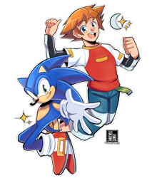 Size: 1010x1183 | Tagged: safe, artist:findourfuture, chris thorndyke, sonic the hedgehog, human, 2025, duo, looking at viewer, outline, signature, simple background, smile, sparkles, transparent background