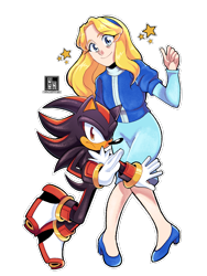 Size: 1076x1428 | Tagged: safe, artist:findourfuture, maria robotnik, shadow the hedgehog, human, 2025, duo, frown, looking at viewer, outline, signature, simple background, smile, star (symbol), transparent background