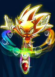 Size: 1213x1686 | Tagged: safe, artist:spacedawgspace, sonic the hedgehog, super sonic, 2025, chaos emerald, flying, looking at viewer, mid-air, smile, solo, sparkles, super form